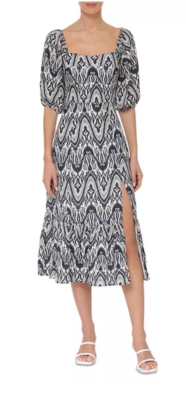 BAGATELLE LINEN BLEND IKAT PUFF SLEEVE MIDI DRESS BLUE WHITE WOMENS 8 NWT